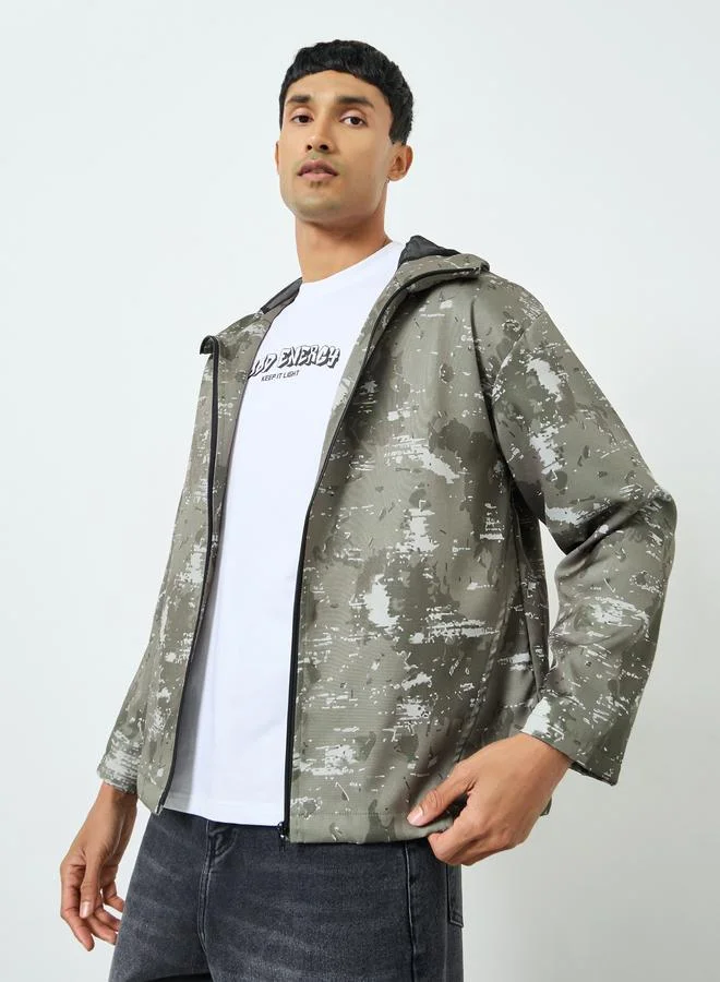 Styli Active Olive Men Olive Camo Hooded Jacket for Men | Best Price UAE