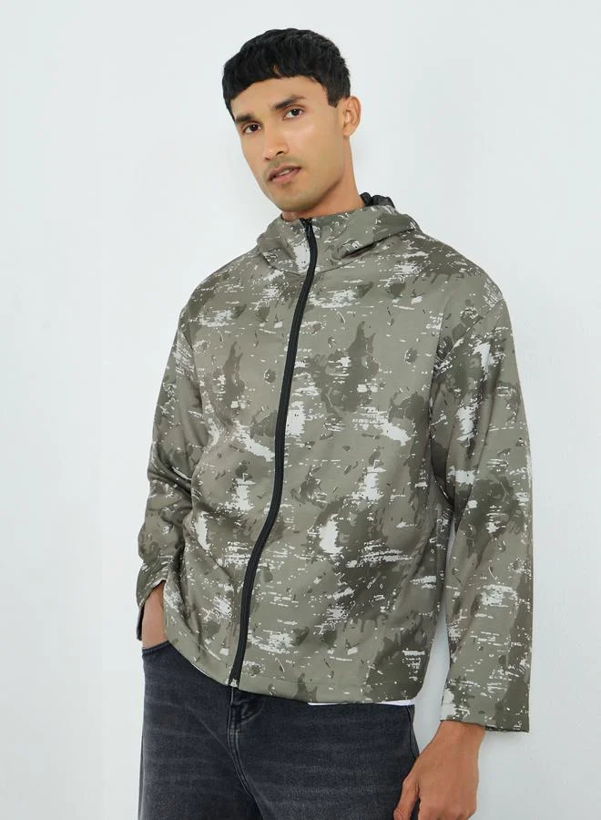 Styli Active Olive Men Olive Camo Hooded Jacket for Men | Best Price UAE