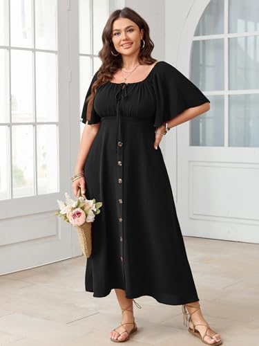 SHESTARR Plus Size Summer Dress Short Sleeve Square Neck Tie Front Smocked Button Down Flowy A-line Boho Maxi Long Dresses Black - Image 5