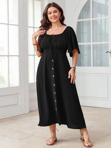 SHESTARR Plus Size Summer Dress Short Sleeve Square Neck Tie Front Smocked Button Down Flowy A-line Boho Maxi Long Dresses Black - Image 4