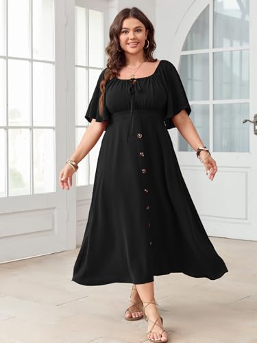 SHESTARR Plus Size Summer Dress Short Sleeve Square Neck Tie Front Smocked Button Down Flowy A-line Boho Maxi Long Dresses Black - Image 3