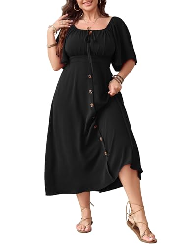 SHESTARR Plus Size Summer Dress Short Sleeve Square Neck Tie Front Smocked Button Down Flowy A-line Boho Maxi Long Dresses Black - Image 1