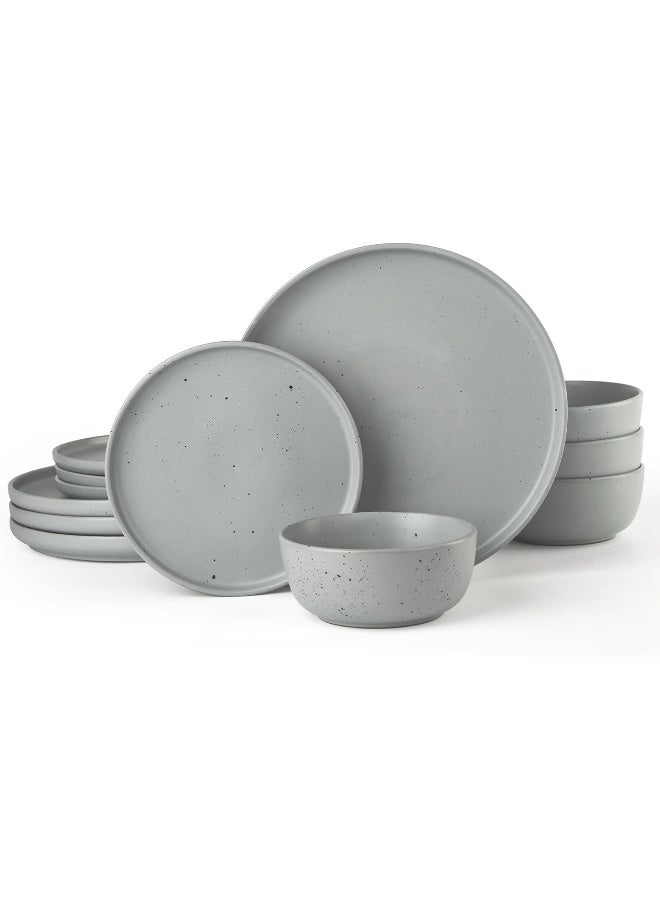 Famiware Dawn 12 Piece Stoneware Dinnerware Set, Set for 4, Scratch Resistant, Microwave & Dishwasher Safe, Light Grey - Image 1