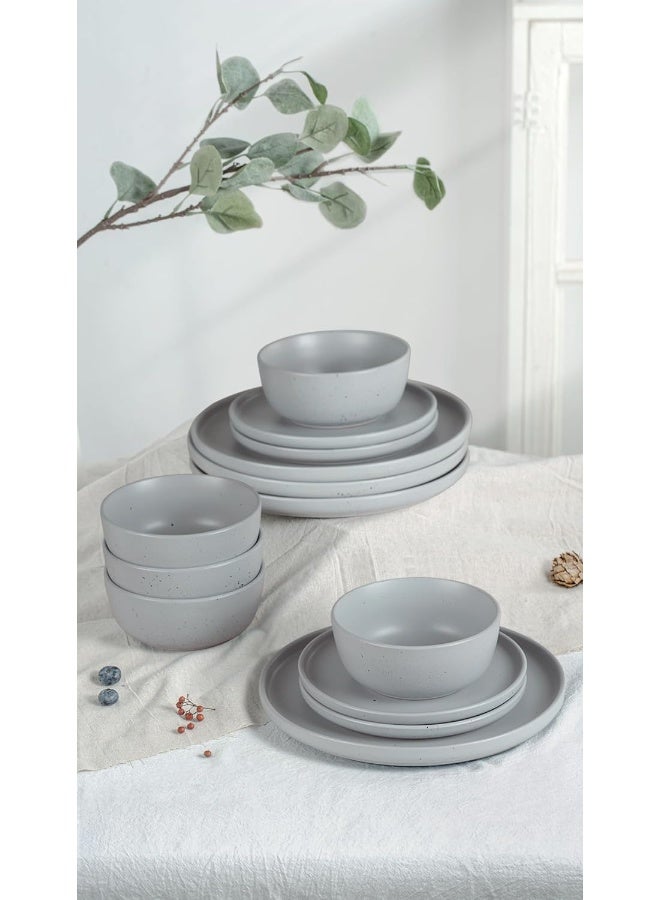 Famiware Dawn 12 Piece Stoneware Dinnerware Set, Set for 4, Scratch Resistant, Microwave & Dishwasher Safe, Light Grey - Image 4
