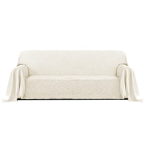 PureFit Geometric Jacquard Throw Sofa Cover - Textured Soft Washable Decorative Couch Covers for 3 Cushion with Tassels Furniture Protector for Pets, Kids (X-Large, Ivory) - Image 1