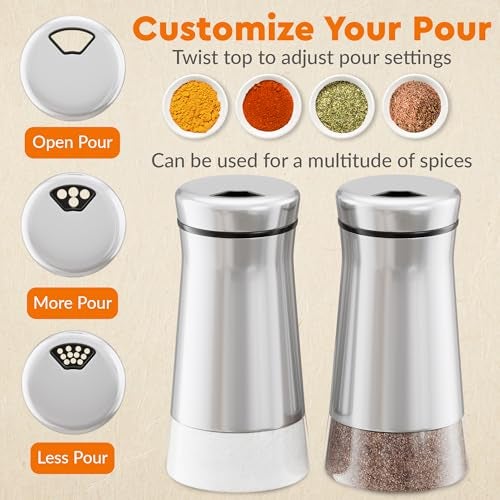 HOME EC Original Salt and Pepper Shakers Set with Adjustable Pour Holes - Glass and Stainless Steel Salt Shaker and Pepper Shaker - Farmhouse Spice dispenser for salts, ground peppercorn and spices - Image 2