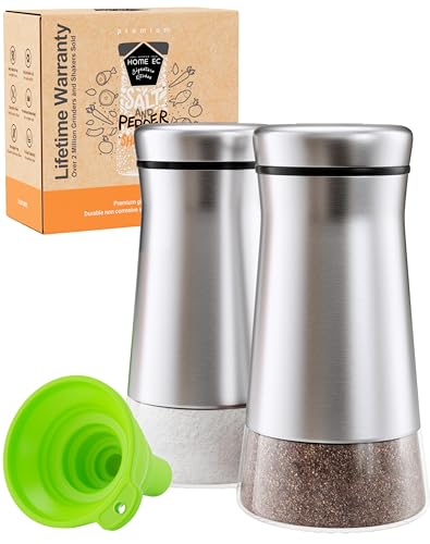 HOME EC Original Salt and Pepper Shakers Set with Adjustable Pour Holes - Glass and Stainless Steel Salt Shaker and Pepper Shaker - Farmhouse Spice dispenser for salts, ground peppercorn and spices - Image 1