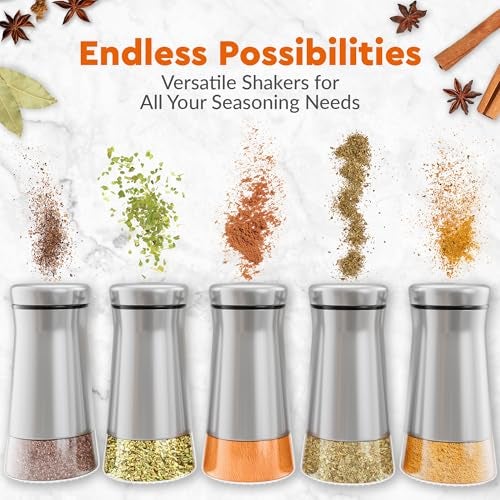 HOME EC Original Salt and Pepper Shakers Set with Adjustable Pour Holes - Glass and Stainless Steel Salt Shaker and Pepper Shaker - Farmhouse Spice dispenser for salts, ground peppercorn and spices - Image 5