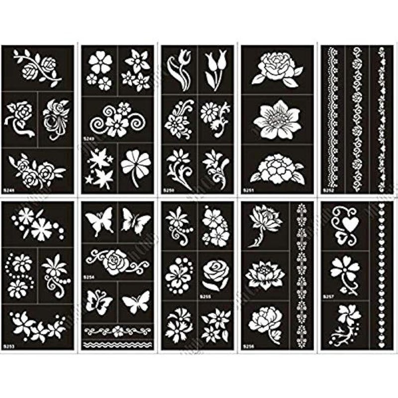 Xmasir Pack of 10 Airbrush Henna Tattoo Stencil for Women Hand Finger Face Body Painting Kids Glitter Tattoo Templates 18 X 85cm 1