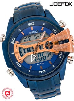 JoeFox Men's Watch Stainless Steel Fashion Analog Digital Wrist Watch Dual Dial Time Waterproof Quartz Watch Dual Time Royal Blue  - Image 1