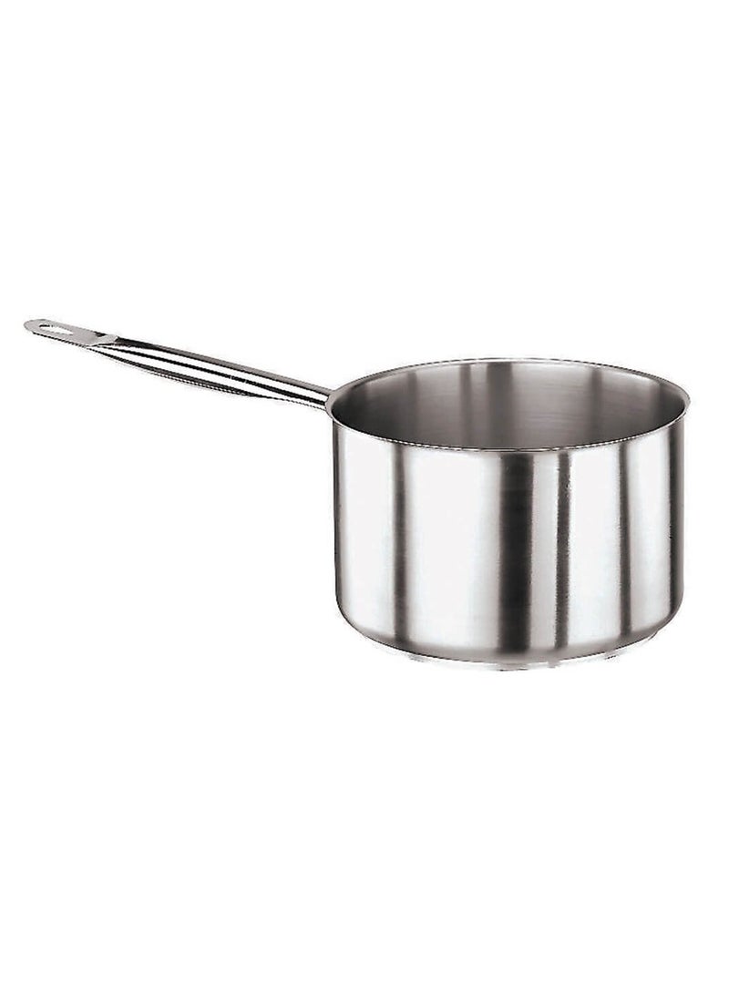 قدر طهي منخفض من الفولاذ المقاوم للصدأ، قطر ١٨ سم، ارتفاع ٩ سم، سعة ٢.٣ لتر، آمن للاستخدام على مواقد متعددة، مقابض أنبوبية مجوفة تحافظ على برودته. ستانلس ستيل، موفر للحرارة، آمن للاستخدام في غسالة الأطباق. إيطاليا