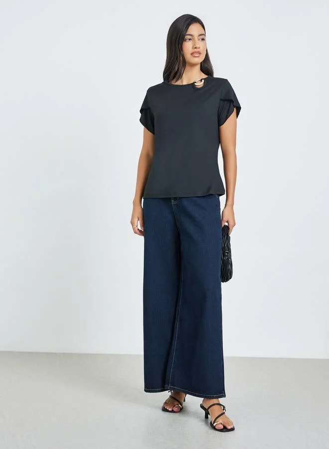 Styli Black O-Ring Detail Round Neck T-Shirt