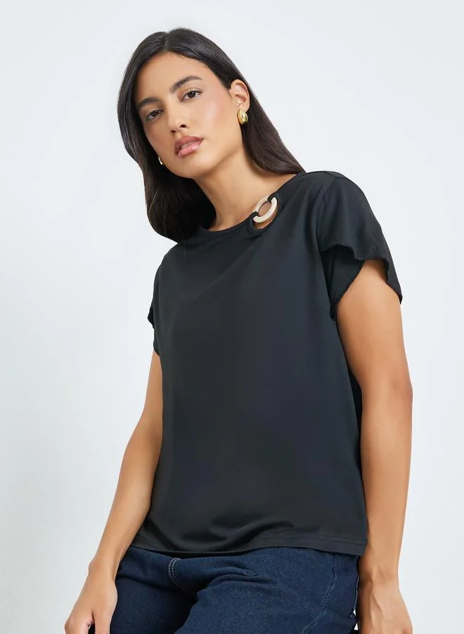 Styli Black O-Ring Detail Round Neck T-Shirt
