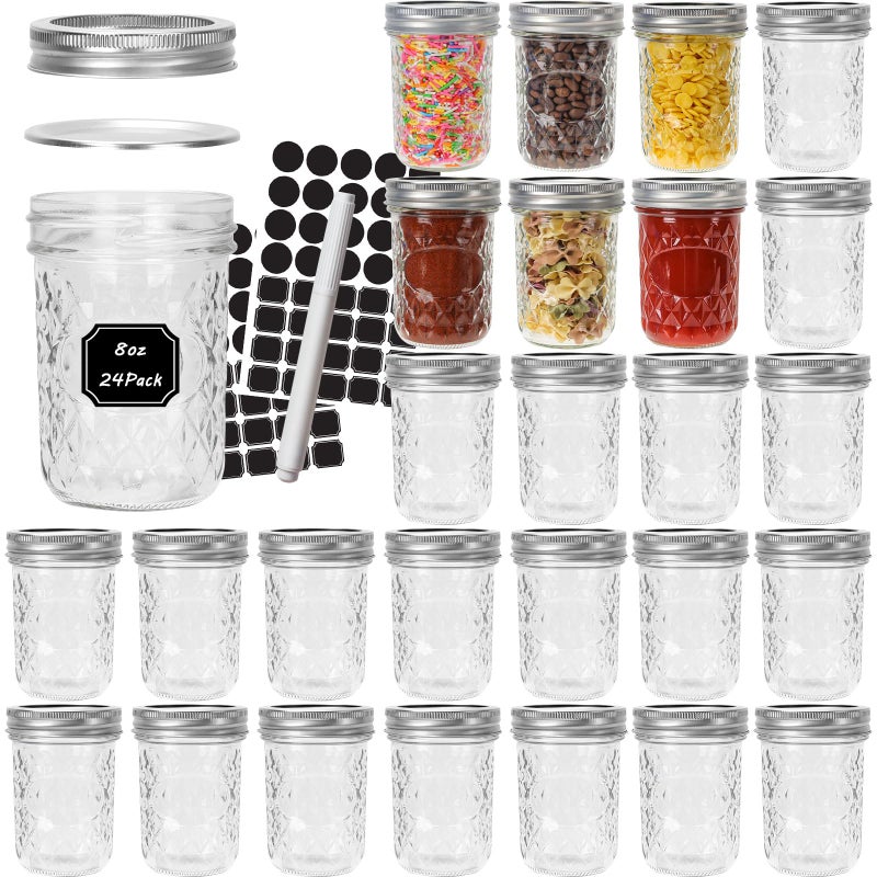 CycleMore Mason Jars 8 oz, 24 Pack Canning Jars with Airtight Lids and Bands, half pint canning jars Ideal for Fermenting, Jam, Honey, Pickling, Wedding/Shower Favors, DIY Decors - Image 1