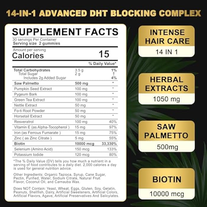 EnvyDeal DHT Blocker Gummies Hair Growth Supplement, Super Potency Saw Palmetto & Biotin 10000 mcg for Women & Men, Plus 12 Proprietary Blend - Prevent Hair Loss, Blocking DHT Receptors, Hormonal Balance - Image 2