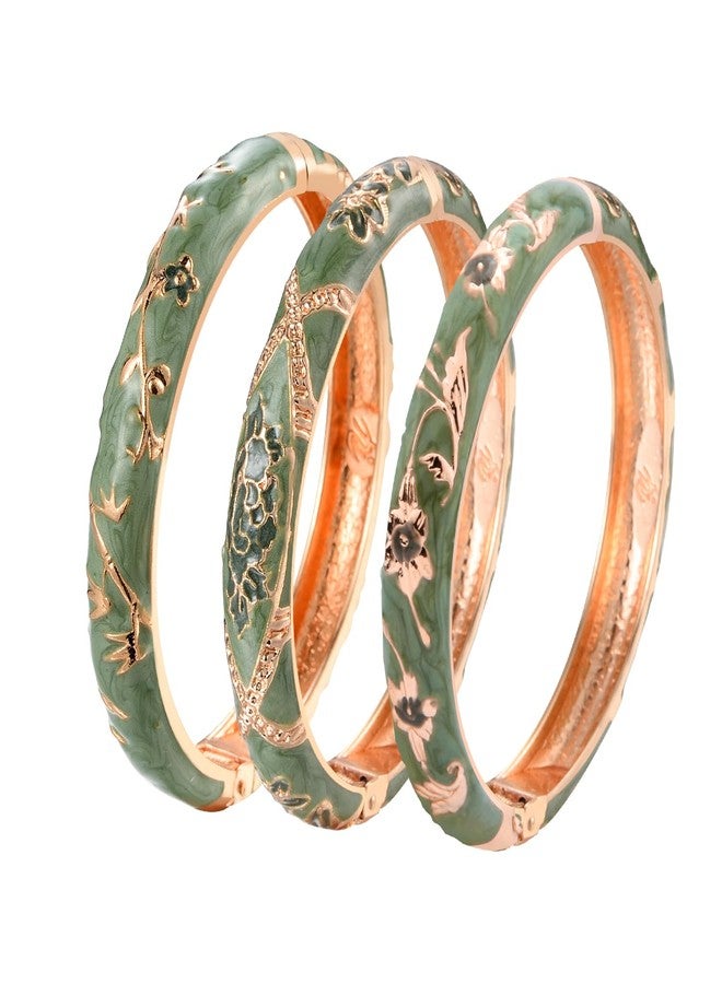 UJOY Womens Multi-Colors Cloisonne Bracelet Gold Plated Flower Enameled Hinged Cuff Bangles Jewelry Gift 55A-3PCS Green - Image 1
