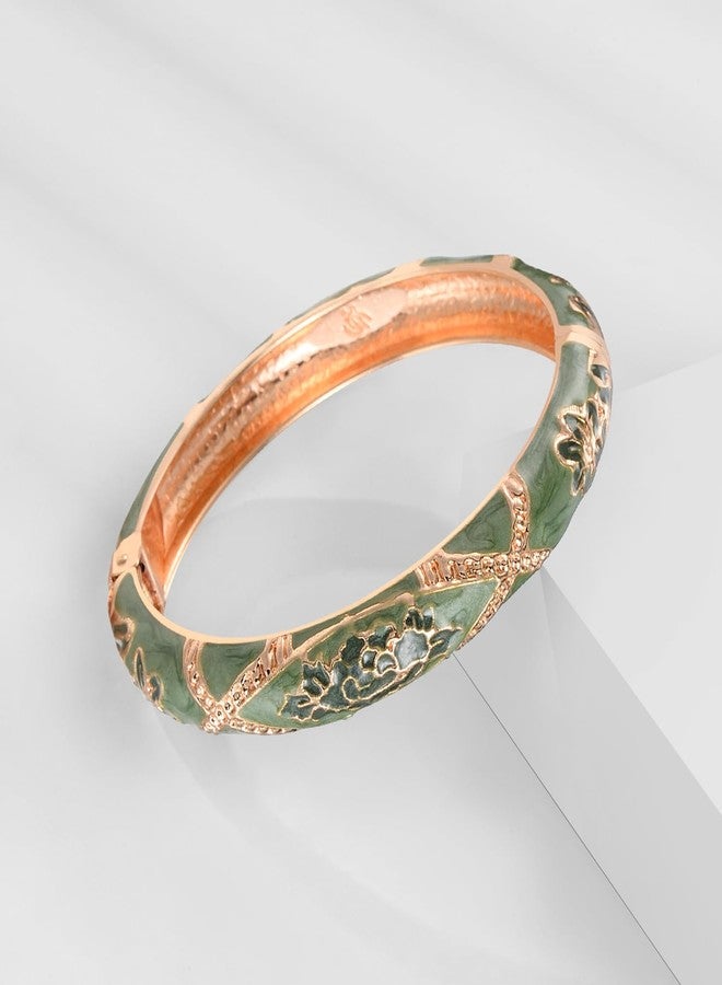UJOY Womens Multi-Colors Cloisonne Bracelet Gold Plated Flower Enameled Hinged Cuff Bangles Jewelry Gift 55A-3PCS Green - Image 2