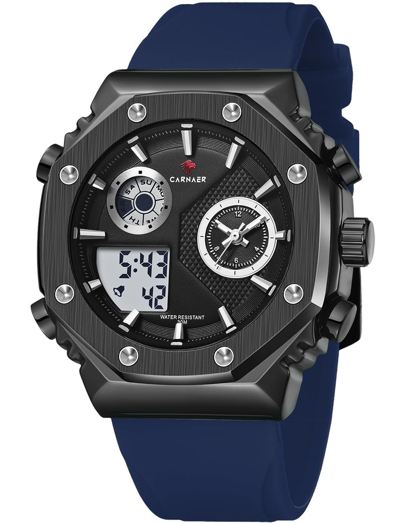 CARNAER Men’s Analog-Digital Chronograph Watch – Dual Display, Quartz Movement, Luminous Hands, Stopwatch, Zinc Alloy Case, Silicone Strap, Waterproof Sports Wristwatch for Boys (Blue-Black) - Image 1