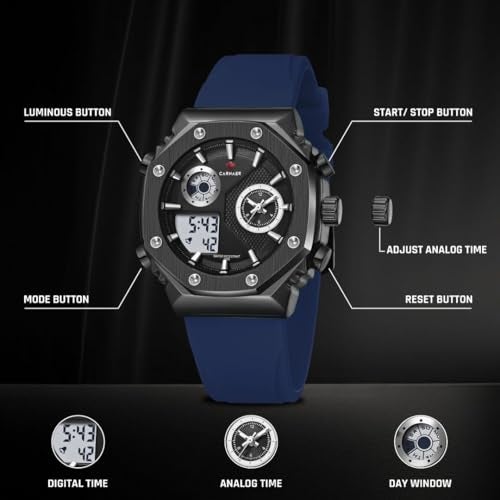 CARNAER Men’s Analog-Digital Chronograph Watch – Dual Display, Quartz Movement, Luminous Hands, Stopwatch, Zinc Alloy Case, Silicone Strap, Waterproof Sports Wristwatch for Boys (Blue-Black) - Image 3