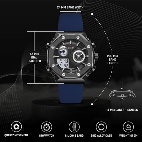 CARNAER Men’s Analog-Digital Chronograph Watch – Dual Display, Quartz Movement, Luminous Hands, Stopwatch, Zinc Alloy Case, Silicone Strap, Waterproof Sports Wristwatch for Boys (Blue-Black) - Image 2