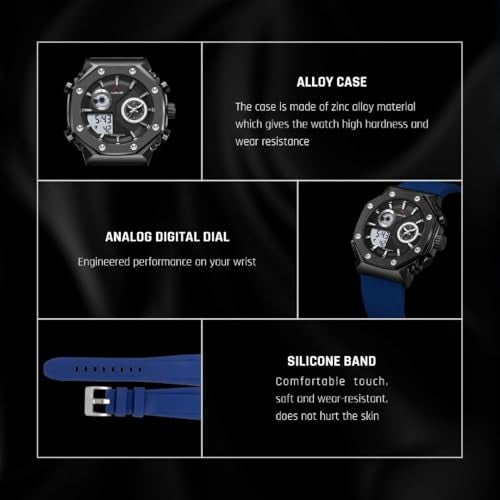 CARNAER Men’s Analog-Digital Chronograph Watch – Dual Display, Quartz Movement, Luminous Hands, Stopwatch, Zinc Alloy Case, Silicone Strap, Waterproof Sports Wristwatch for Boys (Blue-Black) - Image 4