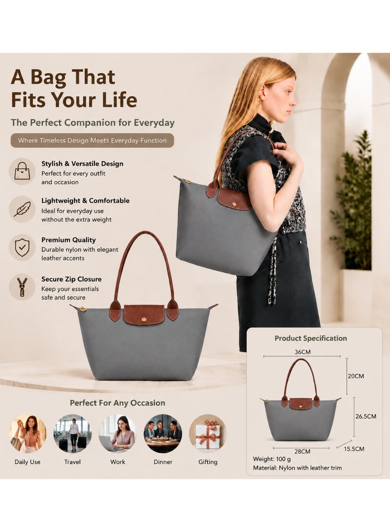 Medium‑Size Women's Nylon Tote Bag with Brown Leather Trim ‑ Grey - Image 2