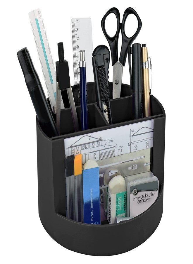 Acrimet Compact Desktop Organizer, 4 Spacious Slots, Round Pencil and Accessories Holder with Photo Slot, Ideal for Office, Art Supplies, Vanity Storage, and Home Organization (Black Plastic) - Image 1