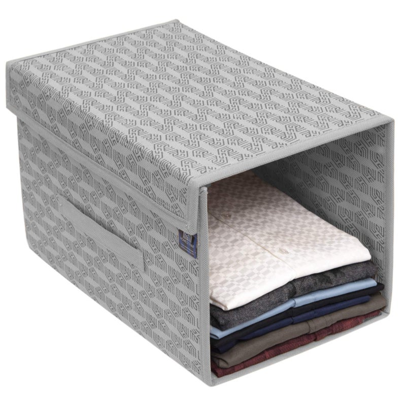 HomeStrap Non Woven Printed Stackable Shirt Organizer with Cover Lid- Grey - Image 1