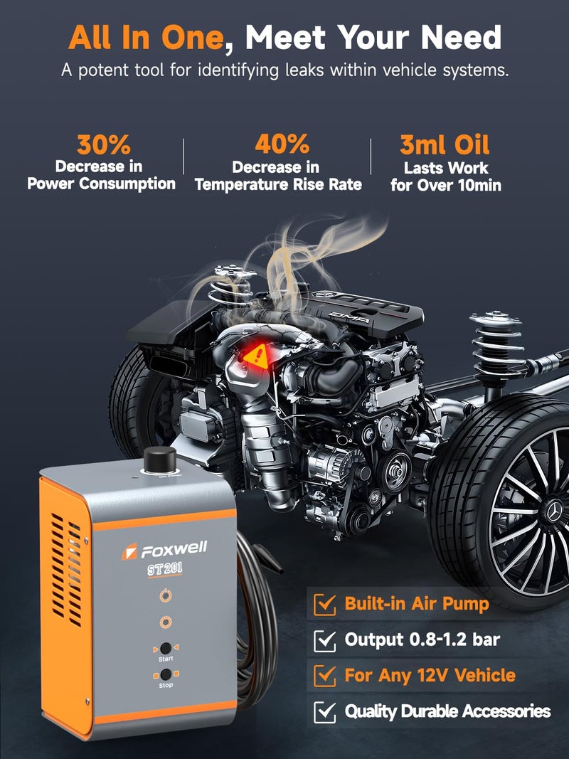 FOXWELL ST201 Automotive Smoke Machine Leak Detector with Built-in Air Pump, 0.8-1.2 Bar High Pressure Emission Vacuum Fuel Exhaust EVAP Smoke Machine Leakage Detection, Auto Smoke Tester for Cars - Image 2