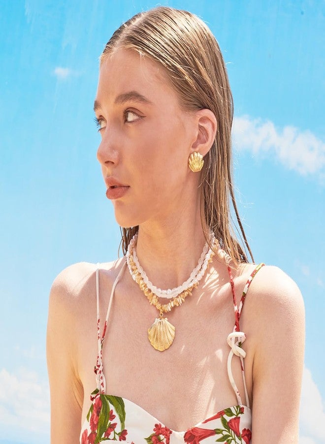 ليلي آند وايت أقراط ليلي آند وايت الذهبية المرصعة على شكل صدفة بحرية للنساء، أقراط ذهبية، أقراط شاطئية، مجوهرات بحرية للنساء، مجوهرات مستوحاة من الحياة الحيوانية، أقراط شاطئية، مجوهرات صيفية - Image 3