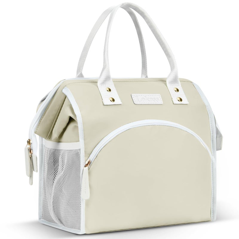 LOKASS Lunch Bag Women Insulated Lunch Box WideOpen Lunch Tote Bag Large Waterproof Cooler Bag for Work Picnic Hiking BeachBeige