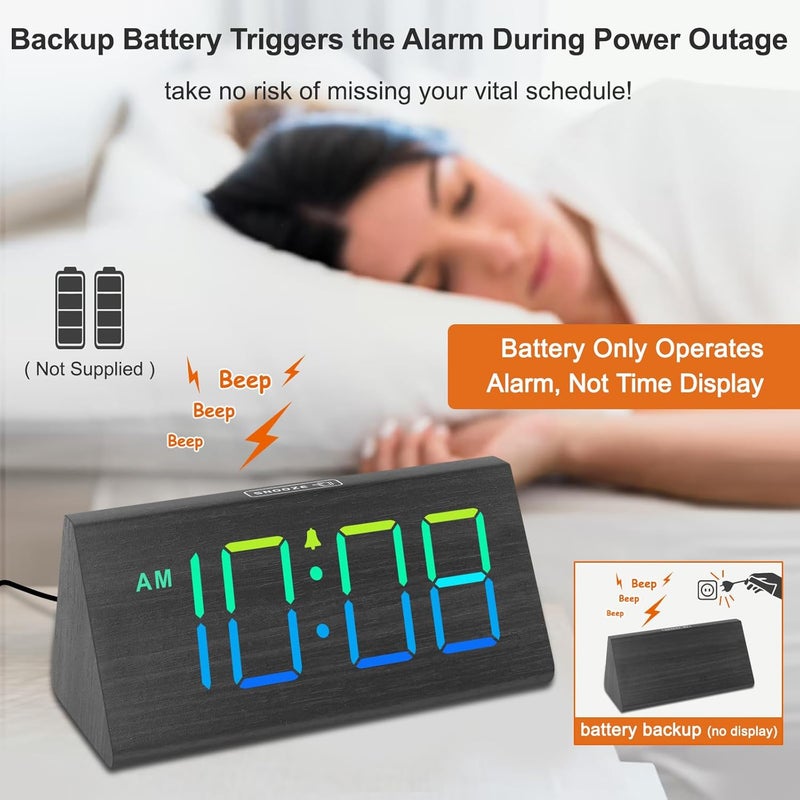 DreamSky Wooden Digital Alarm Clock for Bedroom - RGB Electric Desk Clock with Large Numbers, USB Port, Loud Alarm for Heavy Sleepers, Dimmer and Volume Control, Snooze, Wood Décor (Adapter Powered) - Image 3