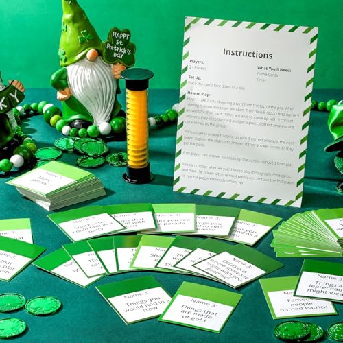 Leitee St Patricks Day 5 Second Game Question Cards and 5 Second Hourglass Family Clover Game Irish Themed Simple Questions for Party School Classroom Family Activities Party Favors - Image 1