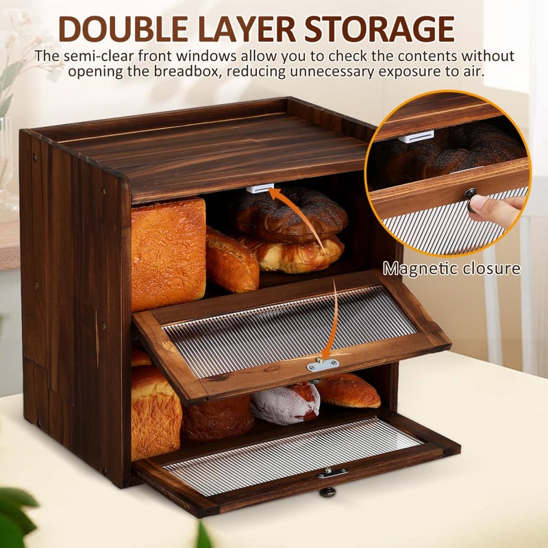 Veemoon Wooden Bread Box,Double Layer Breadbox for Kitchen Countertop Vintage Bread Storage Container for Bakery Kitchen Counter Corner - 14.3 X 13.3 X 9.4 Inchï¼ˆOnly Breadbox ï¼‰ - Image 4