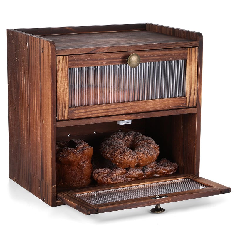 Veemoon Wooden Bread Box,Double Layer Breadbox for Kitchen Countertop Vintage Bread Storage Container for Bakery Kitchen Counter Corner - 14.3 X 13.3 X 9.4 Inchï¼ˆOnly Breadbox ï¼‰ - Image 1