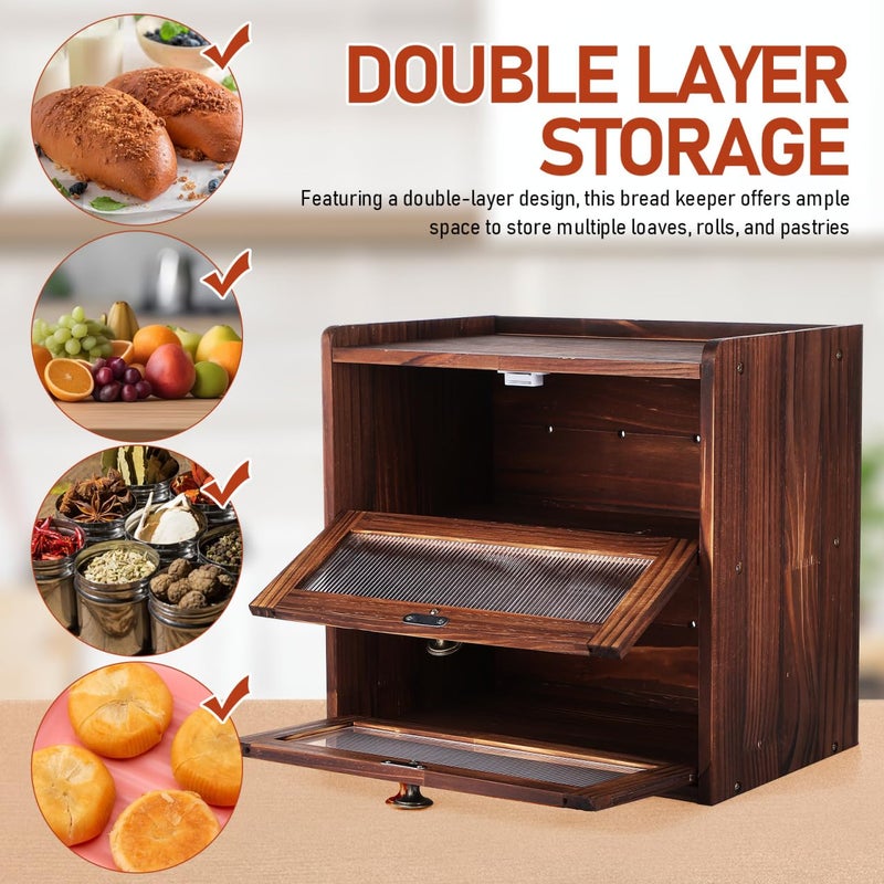 Veemoon Wooden Bread Box,Double Layer Breadbox for Kitchen Countertop Vintage Bread Storage Container for Bakery Kitchen Counter Corner - 14.3 X 13.3 X 9.4 Inchï¼ˆOnly Breadbox ï¼‰ - Image 3