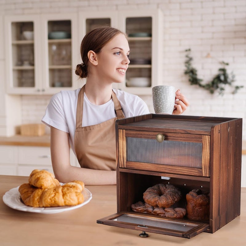 Veemoon Wooden Bread Box,Double Layer Breadbox for Kitchen Countertop Vintage Bread Storage Container for Bakery Kitchen Counter Corner - 14.3 X 13.3 X 9.4 Inchï¼ˆOnly Breadbox ï¼‰ - Image 2