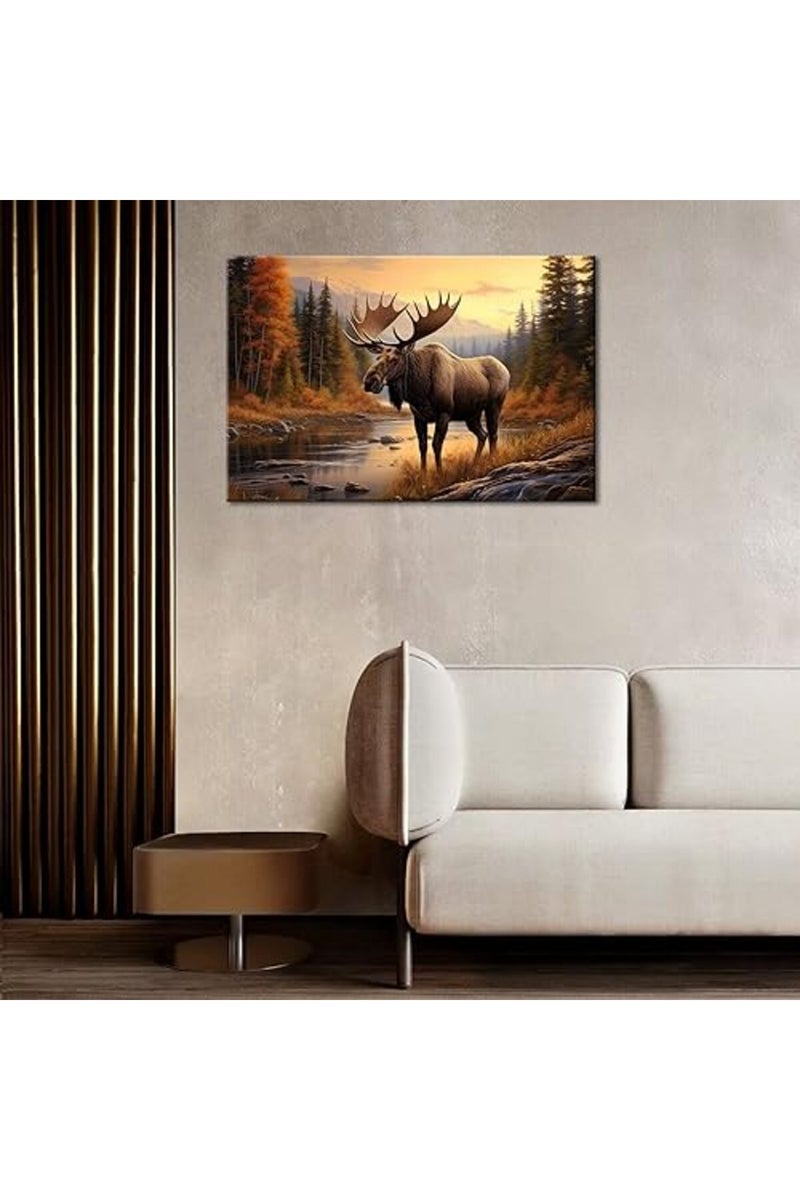 GLOKAKA Nature Moose Wall Art Landscape Moose in the River Wall Decor Print Painting Wilderness Animal Retro Poster for Office Home Bedroom Kitchen Bar Pub Farm House - Image 4