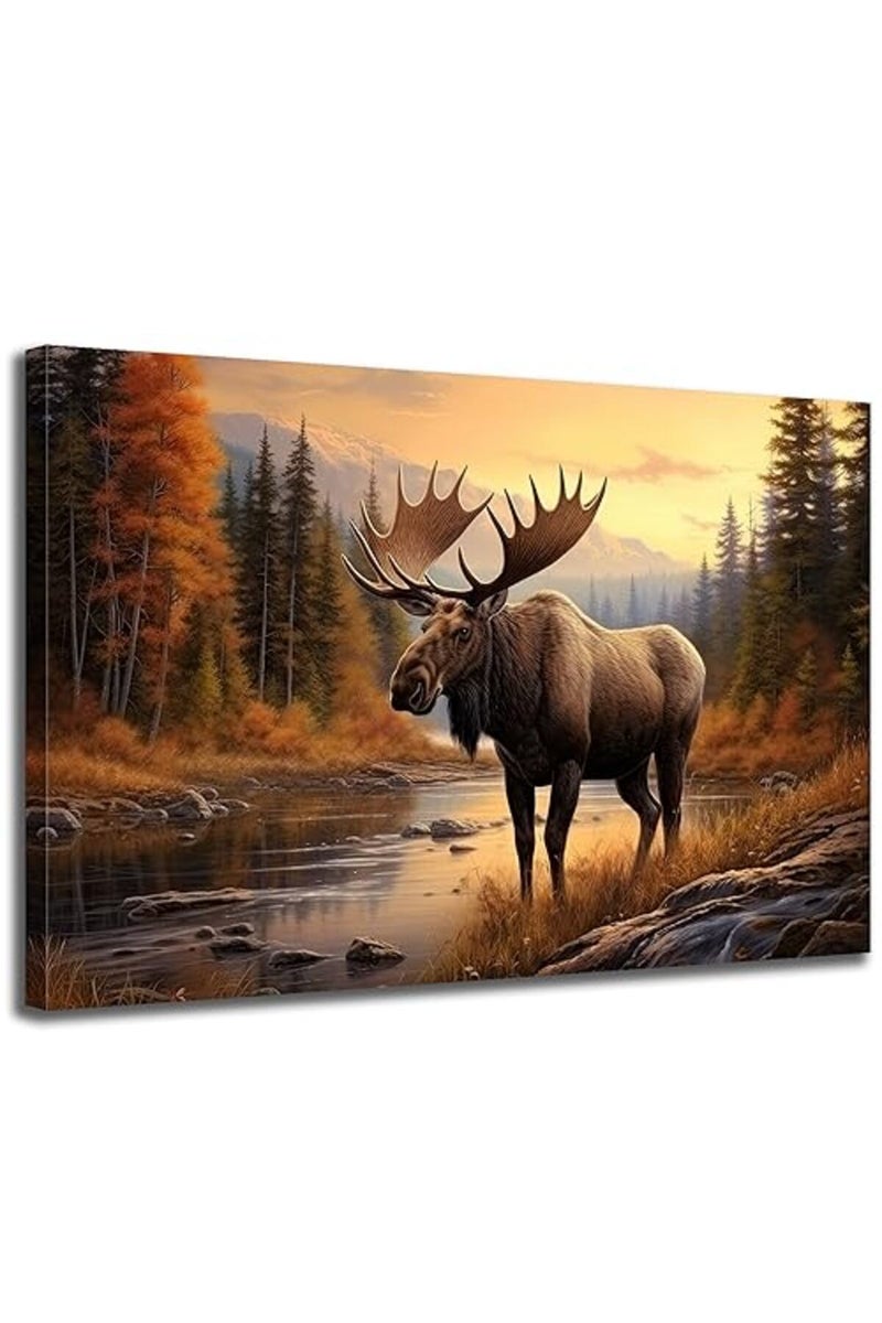 GLOKAKA Nature Moose Wall Art Landscape Moose in the River Wall Decor Print Painting Wilderness Animal Retro Poster for Office Home Bedroom Kitchen Bar Pub Farm House - Image 2