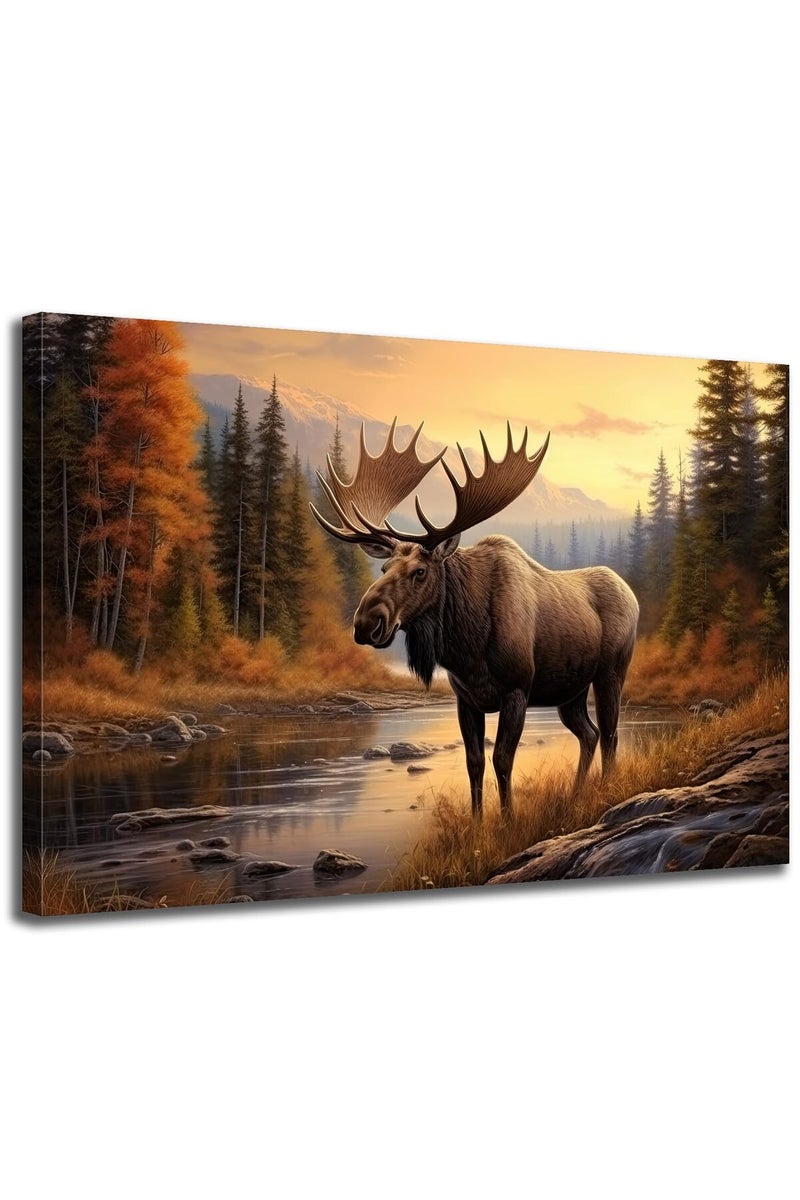 GLOKAKA Nature Moose Wall Art Landscape Moose in the River Wall Decor Print Painting Wilderness Animal Retro Poster for Office Home Bedroom Kitchen Bar Pub Farm House - Image 1