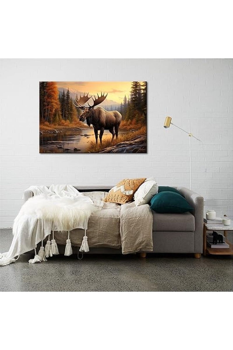 GLOKAKA Nature Moose Wall Art Landscape Moose in the River Wall Decor Print Painting Wilderness Animal Retro Poster for Office Home Bedroom Kitchen Bar Pub Farm House - Image 3