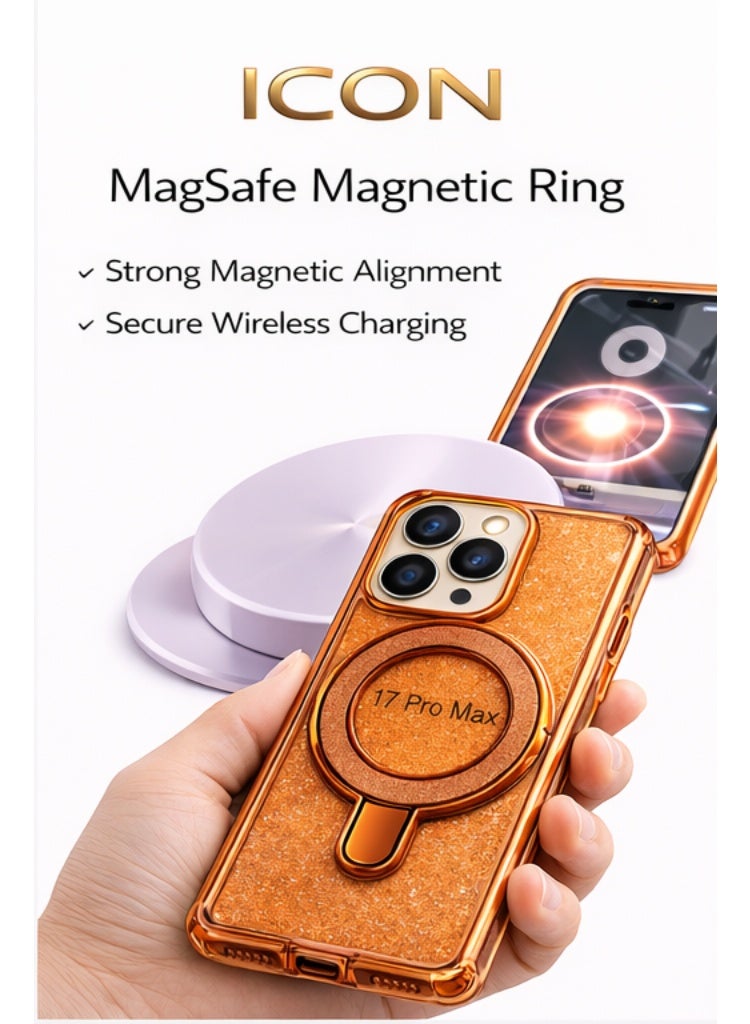 إيكون جراب ICON شفاف لامع مع حلقة مغناطيسية MagSafe وحامل يد لهاتف ايفون 17 Pro Max – حماية كاملة مقاوم للصدمات – برتقالي - Image 2