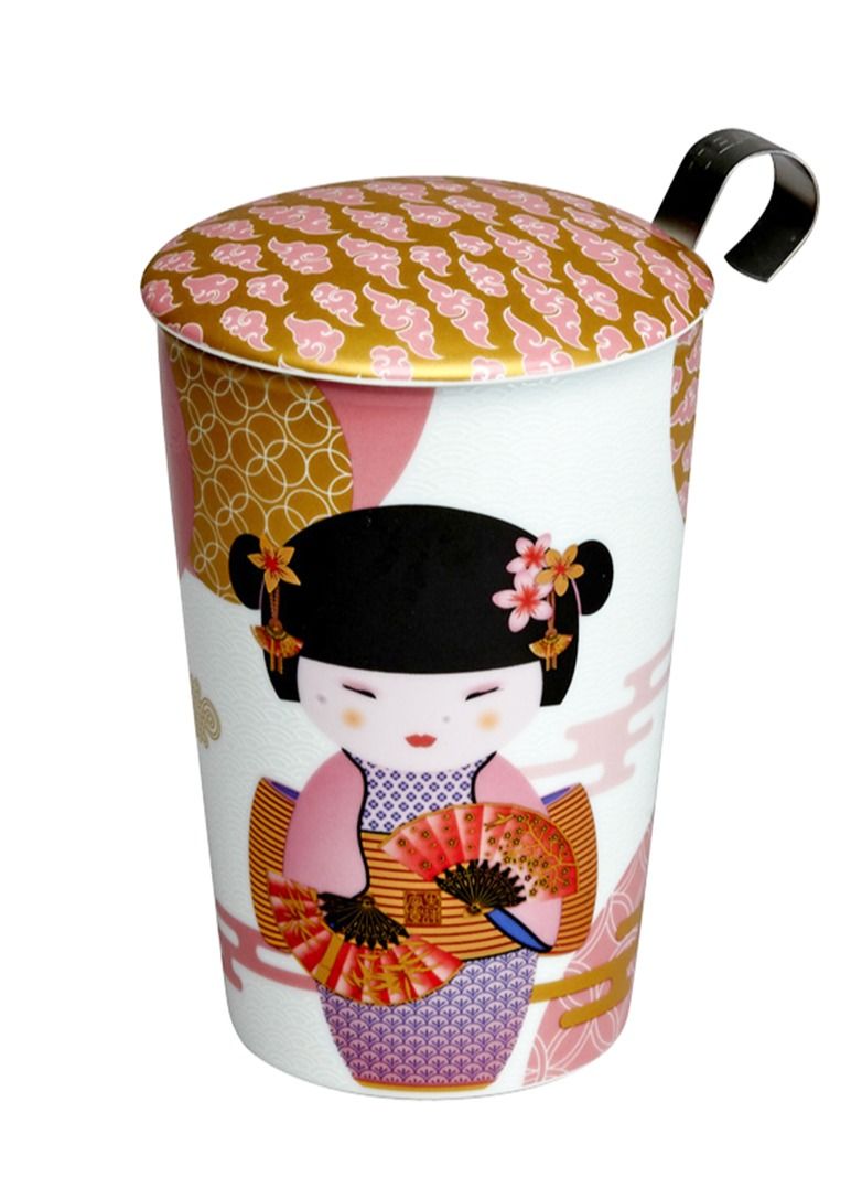 تيلاند كوب Teaeve صغير من البورسلين بجدار مزدوج مقاوم للحرارة مع مصفاة وغطاء للقهوة والشاي والكاكاو والحليب (0.35 لتر) - Image 1