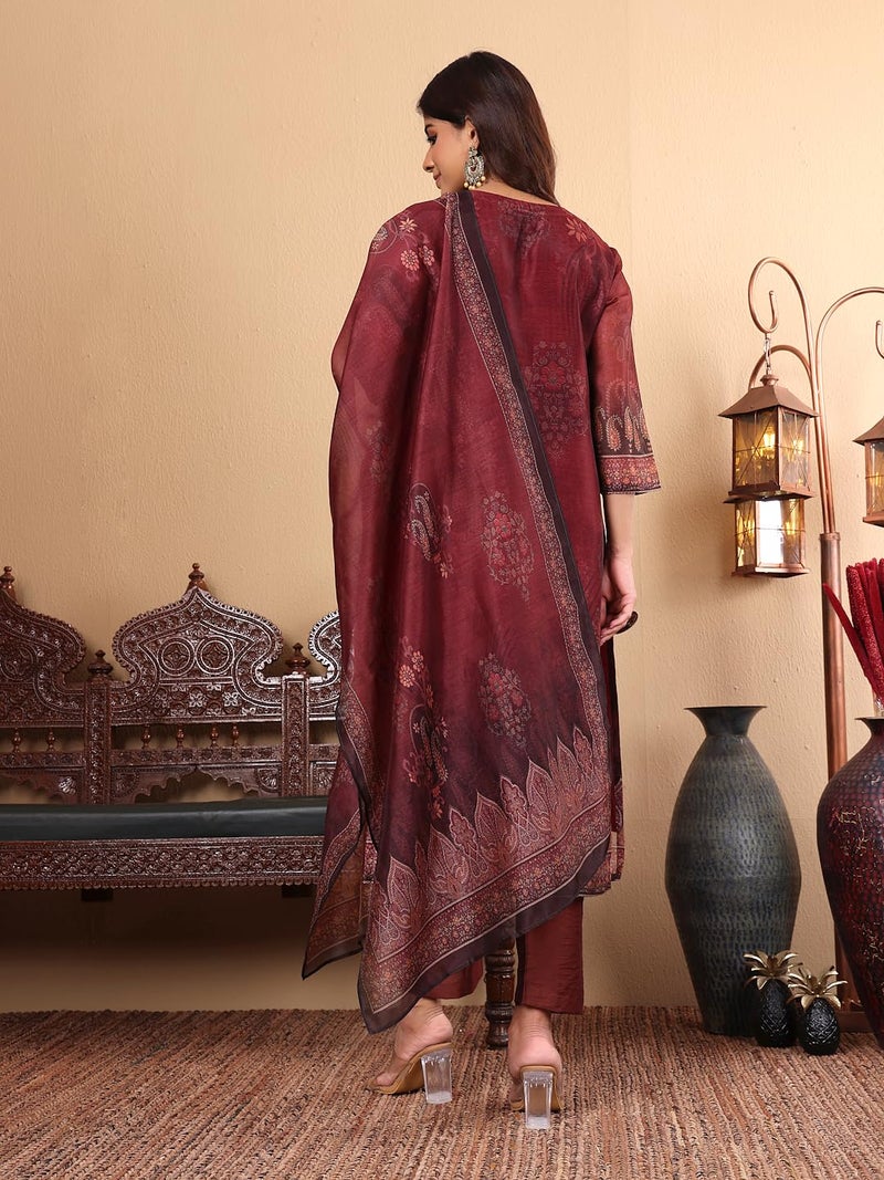 Varanga Women Maroon Floral Printed Kurta Paired With Bottom And Dupatta-Karva Chauth Special - Image 4