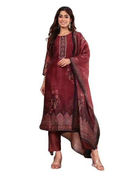 Varanga Women Maroon Floral Printed Kurta Paired With Bottom And Dupatta-Karva Chauth Special - Image 1