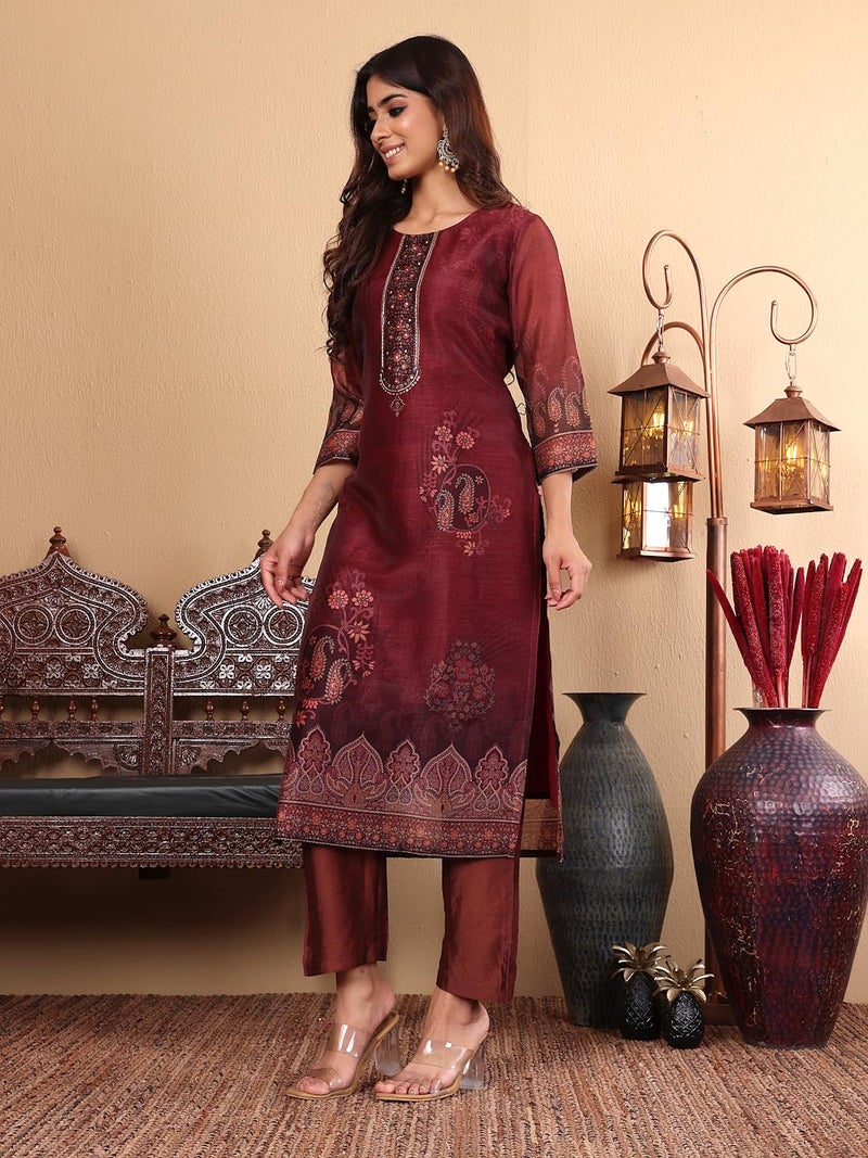 Varanga Women Maroon Floral Printed Kurta Paired With Bottom And Dupatta-Karva Chauth Special - Image 3