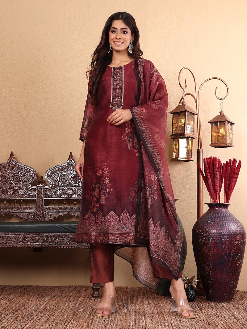 Varanga Women Maroon Floral Printed Kurta Paired With Bottom And Dupatta-Karva Chauth Special - Image 2