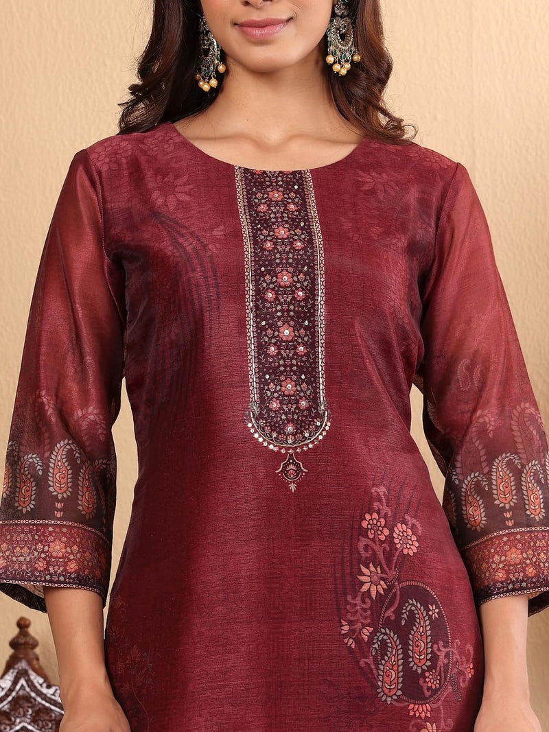 Varanga Women Maroon Floral Printed Kurta Paired With Bottom And Dupatta-Karva Chauth Special - Image 5