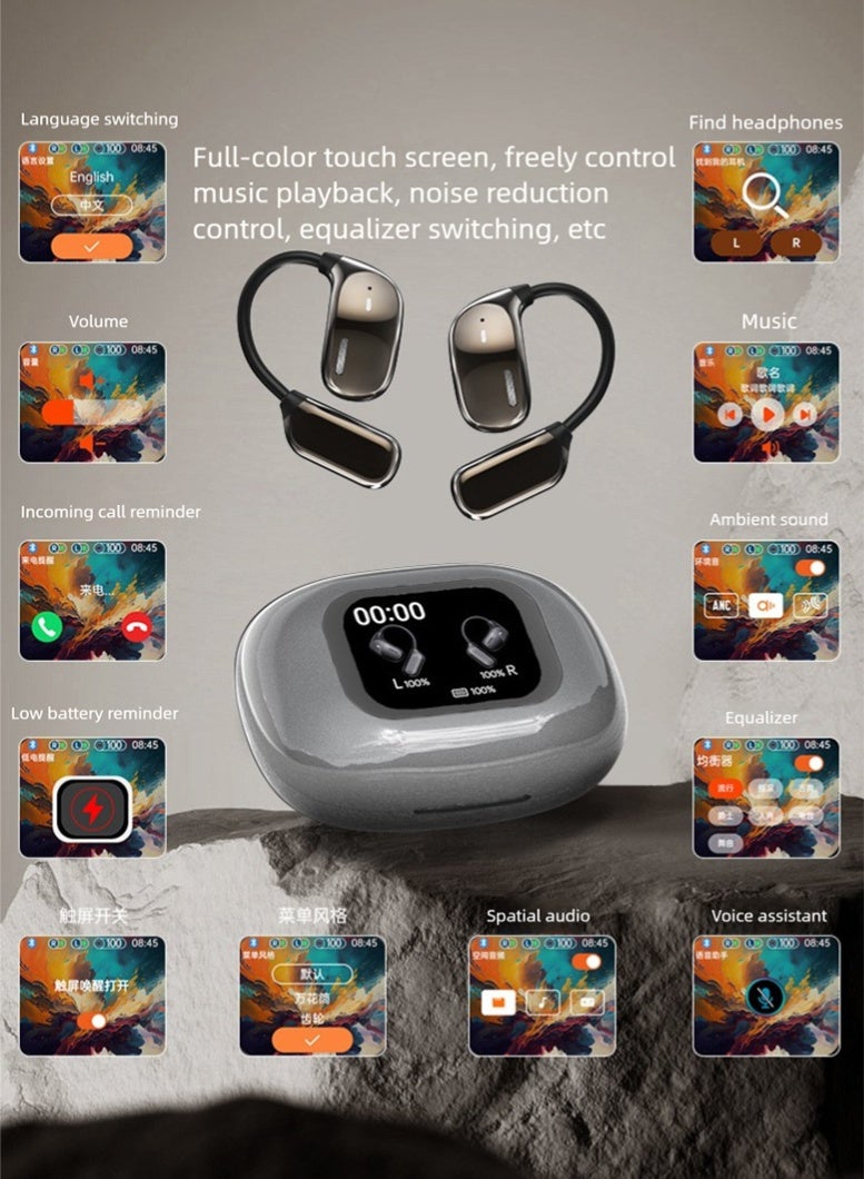 سماعات أذن لاسلكية حقيقية بتصميم قابل للتعليق، بتقنية البلوتوث 5.4، مع خفض ضوضاء المكالمات عالية الدقة، وتأثيرات صوتية بيكسل وسبيس أوديو من BISA، وسماعات Hi-Fi، وصندوق شحن مزود بشاشة لمس ملونة وتعقيم بالأشعة فوق البنفسجية UV-C، ويدعم الترجمة الذكية في الوقت الحقيقي، تغطي 144 لغة. - Image 4