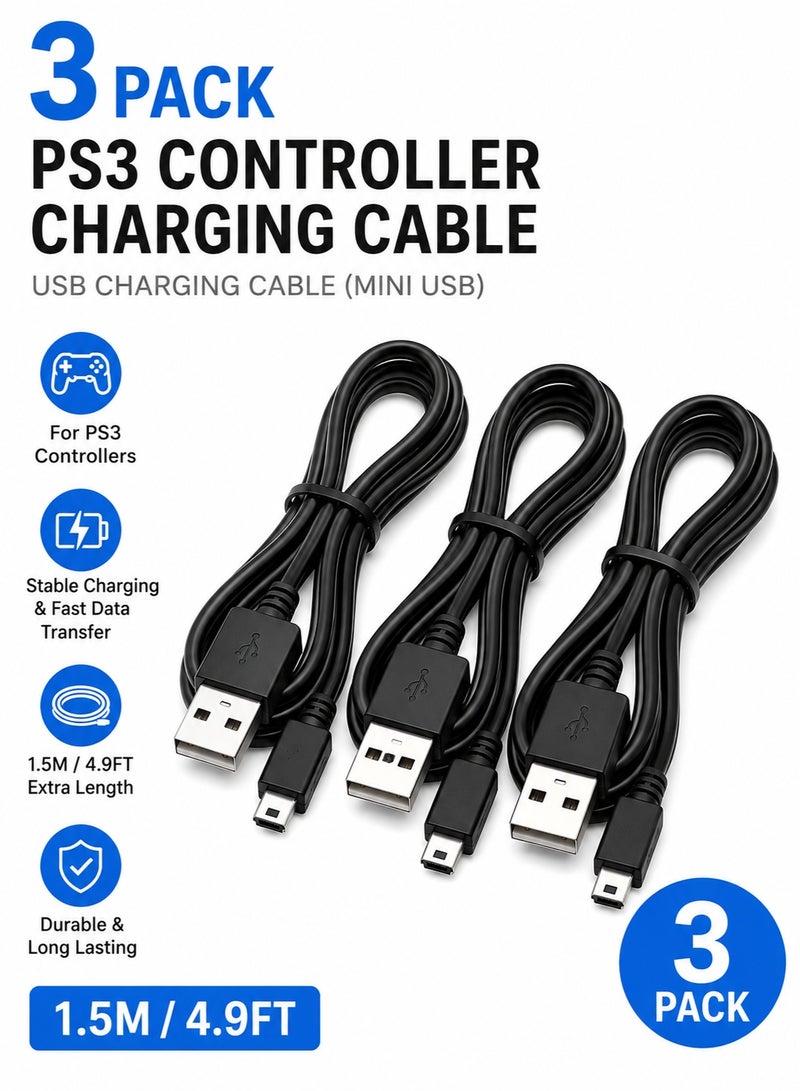 CHILCAR Value Pack of 3 Mini USB Charging Cables for PS3 Controllers, 1.5M Each, Replacement and Spare Cables for Home, Office and Travel, Black - Image 1